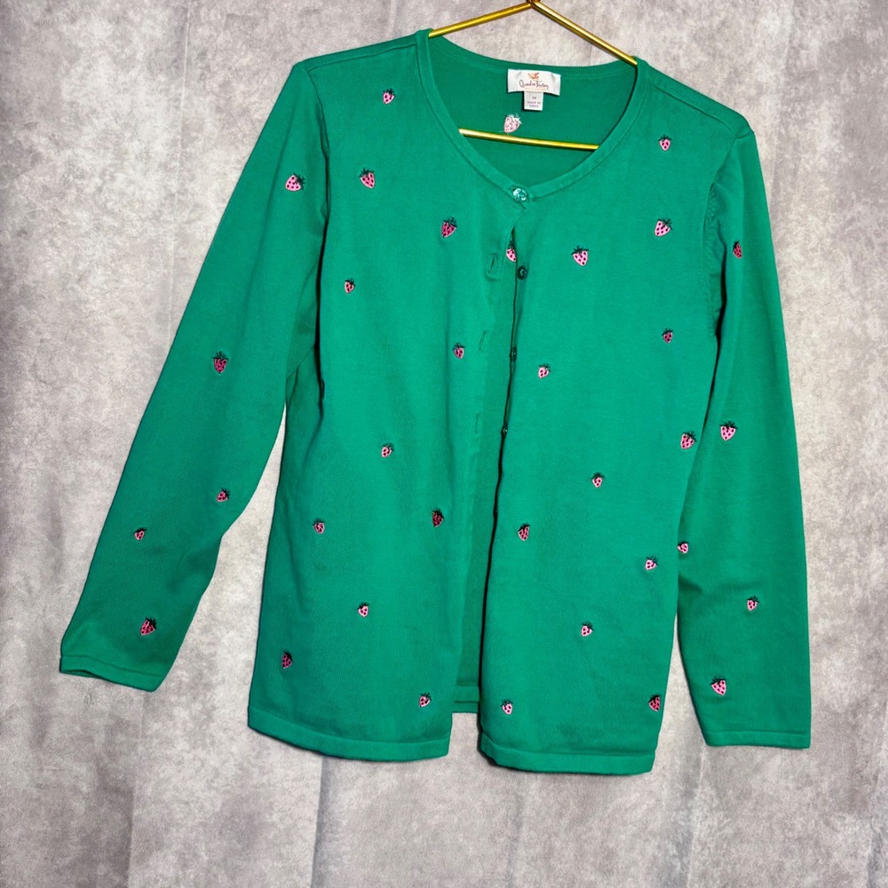 Quacker Factory Strawberry Cardigan Top Women Medium Cotton Green Cottagecore